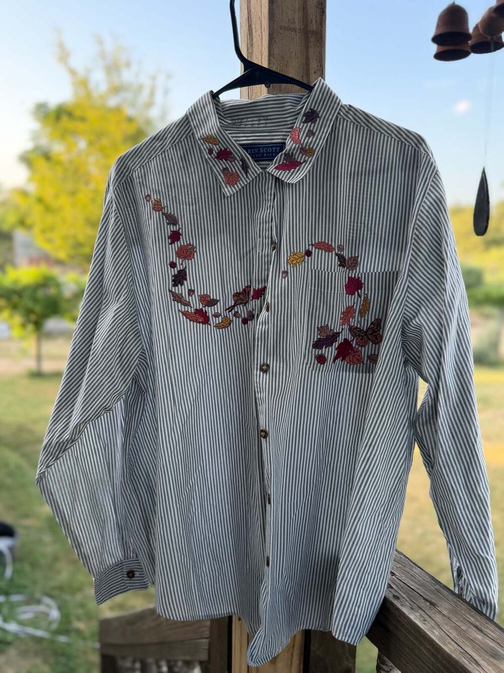 Karen Scott Women's Button-Down Shirt Gray White Striped Autumn Fall Embroidery